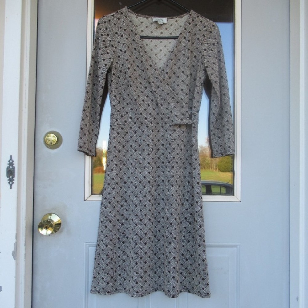 Loft dress basketweave print long sleeve office casual neutral size 2 - Picture 5 of 16